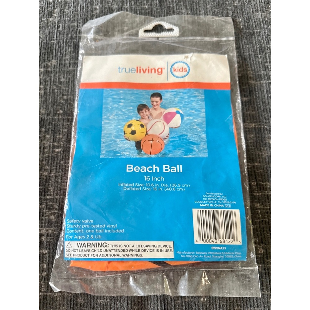 True Living Beach Ball Kids 16in Orange NWT Basketball Design Inflatable Vinyl